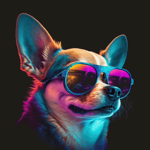 colorful synthwave style chihuahua, reflective sunglasses