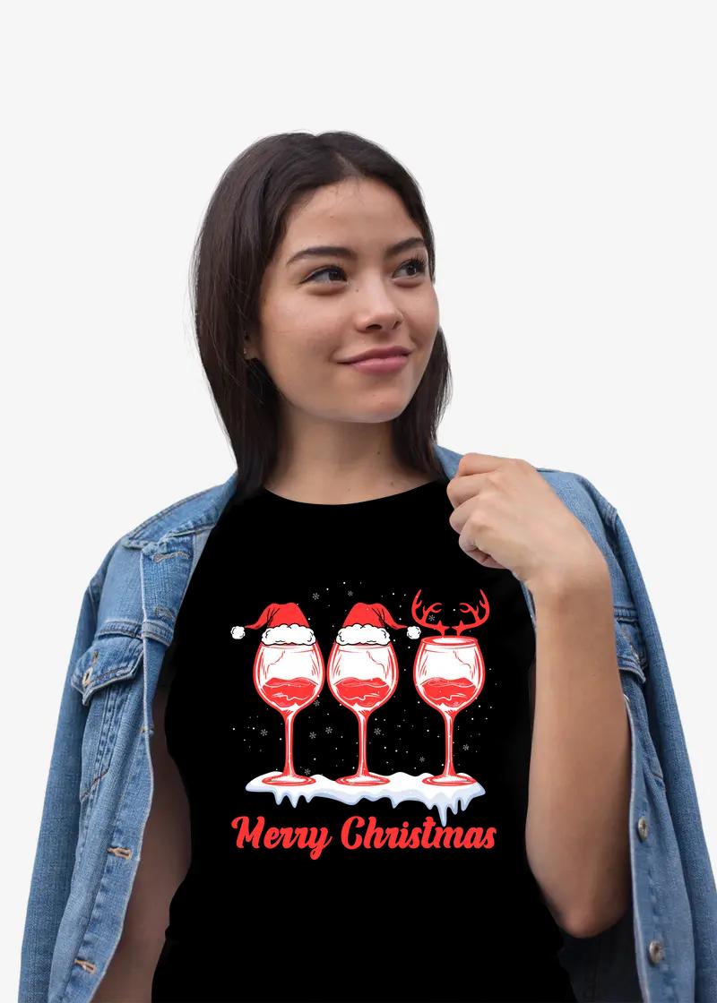 Christmas Wine Glass T Shirt for Women