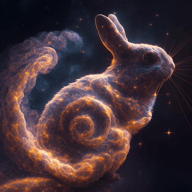 Galaxies, spirals, space, nebulae, stars, smoke, iridescent, intricate detail, in the shape of a rabbit, octane render, 8k