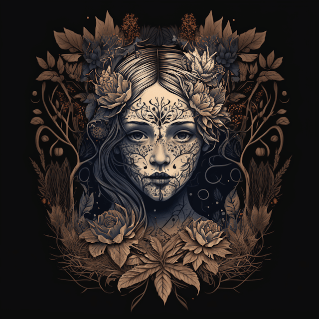 day of the dead girl, classical floral elements emanating from center of face, woodcutting template, decorative design, classical ornament, motif, bilateral symmetry, roses, leaves, flowers, buds, flowering buds, feathers, negative space, highly detailed etching