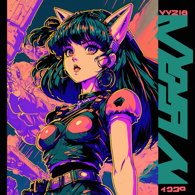 1998 vhs screen grab, zooey deschanel anime style, zooey deschanel as anime girl, cyberpunk, action pose, Trigger Studio style, anime style, neon covers,  movie poster, dramatically standing seen from low angle from below, high quality anime screencap, cyberwave, retrowave,