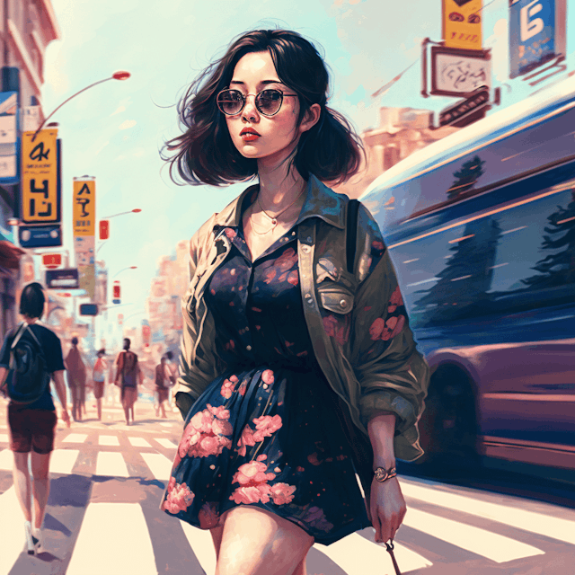 Beautiful Korean woman walking on a crosswalk, wear sunglasses and a summer fashionable look.
