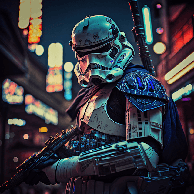 A stormtrooper in a cyberpunk-inspired cityscape, outfitted in samurai armor and wielding a laser katana, with keywords 'futuristic, edgy, powerful, sleek, dangerous,' shot with a 'telephoto lens' during 'blue hour' in a 'hybrid' style, with 'vibrant and neon colors,' 'detailed textures,' and 'fractal elements,' in '8k resolution' and 'clear, defined shapes' for a 'full-body' view. Draw inspiration from artists such as Syd Mead, H.R. Giger, and Masamune Shirow.