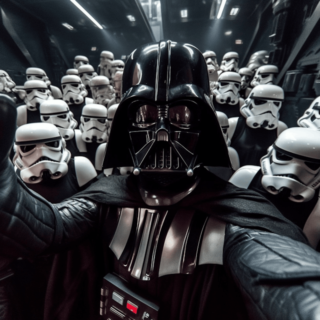 Darth Vader takes a selfie with a bunch of storm troopers on the death star
