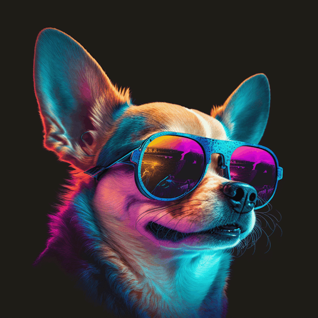 colorful synthwave style chihuahua, reflective sunglasses