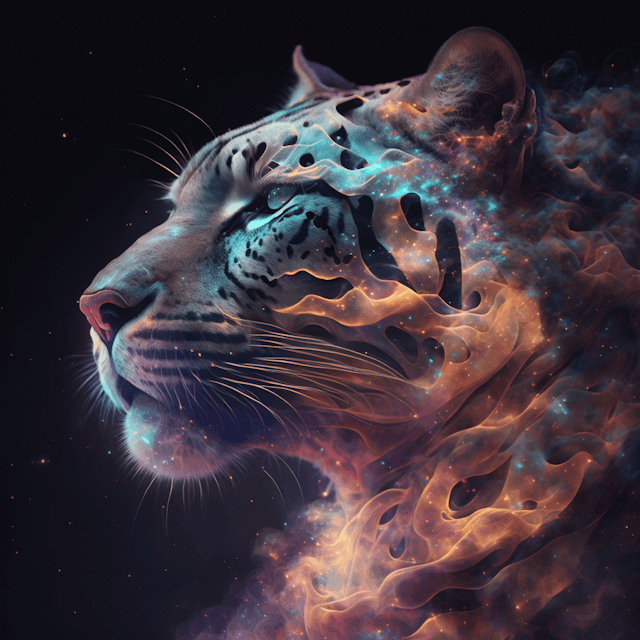 galaxies, shape of a tiger, nebulae, space, stars, smoke, iridescent, intricate details, octane render, 8K, photorealistic
