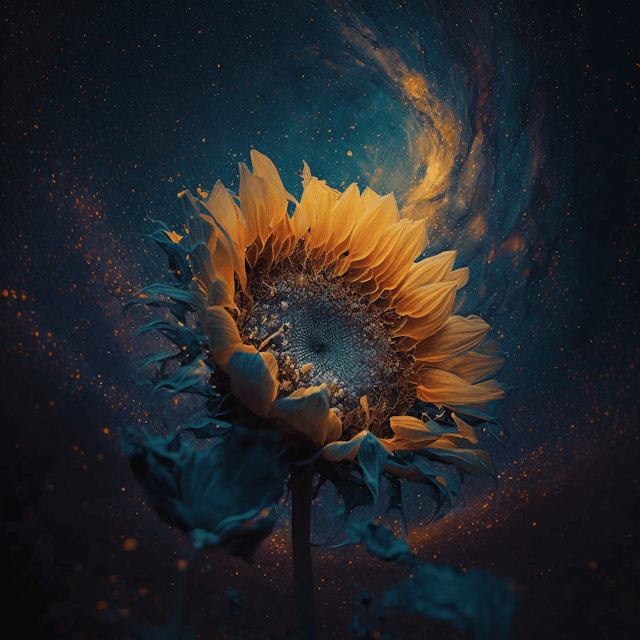 A sunflower in space, cosmic backdrop, zero gravity, celestial bloom, interstellar beauty, Sony A7R IV, 24-70mm f/2.8 lens, eternal night, fantastical image, Kodak Ektachrome 100 film