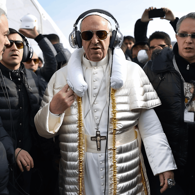 The Pope wearing a full length white down shiny puffy jacket, headphones, gold cross jewelry, gold rings , surrounded by filthy orphans --v 5