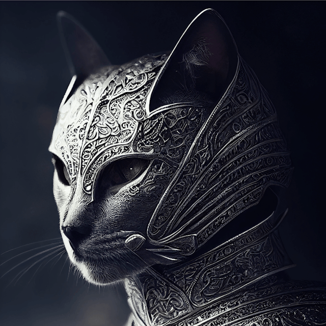 kneeling cat knight, portrait, finely detailed armor, intricate design, silver, silk, cinematic lighting, 4k